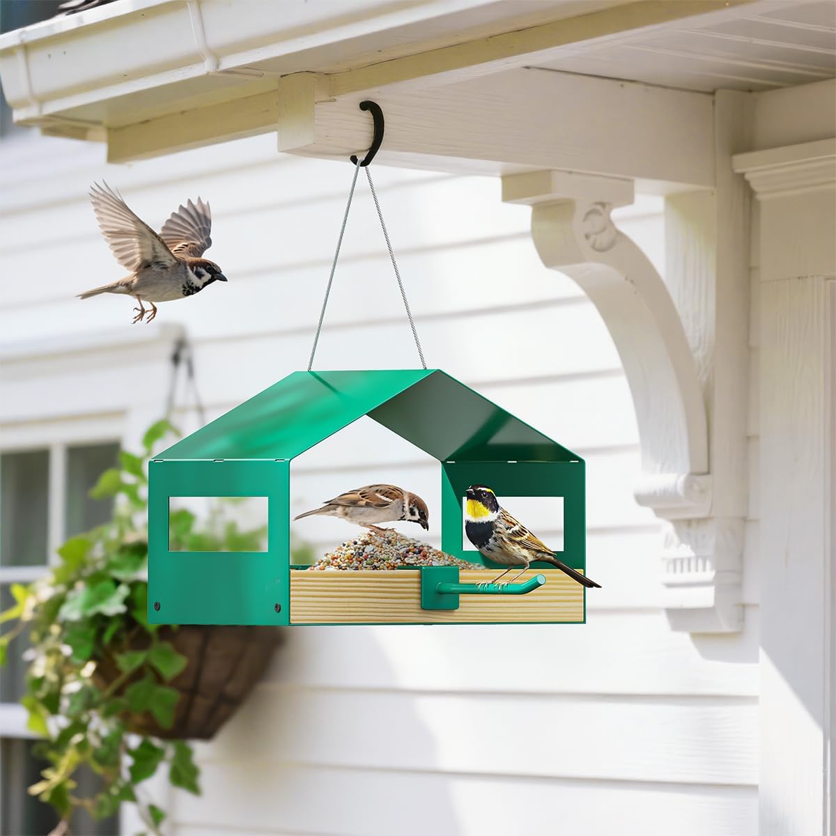 Metal Bird Feeder for Outdoor Hanging, Wild Bird Feeder House with Rust-Resistant Mesh, Hanging Platform Bird House
