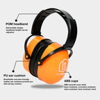 31dB SNR Hearing Protection Earmuffs, Foldable, Fluorescent Orange