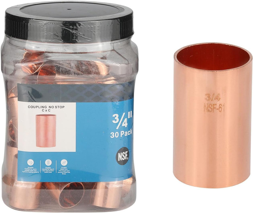 30Pack Seelink Copper Fittings, 3/4" C x C Coupling No Stop(COPPER033-30)