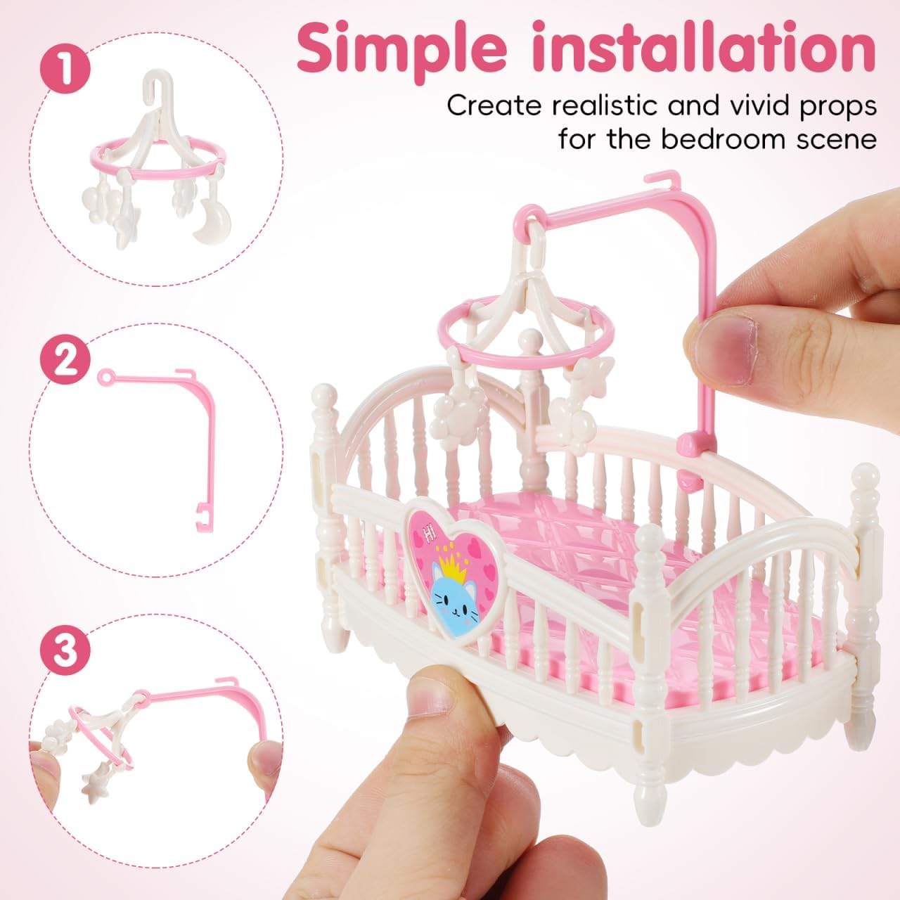 2pcs Mini Doll Cribs, Miniature Doll Beds Dollhouse Crib with Mobile for Mini House Furniture Set Miniature Dollhouse
