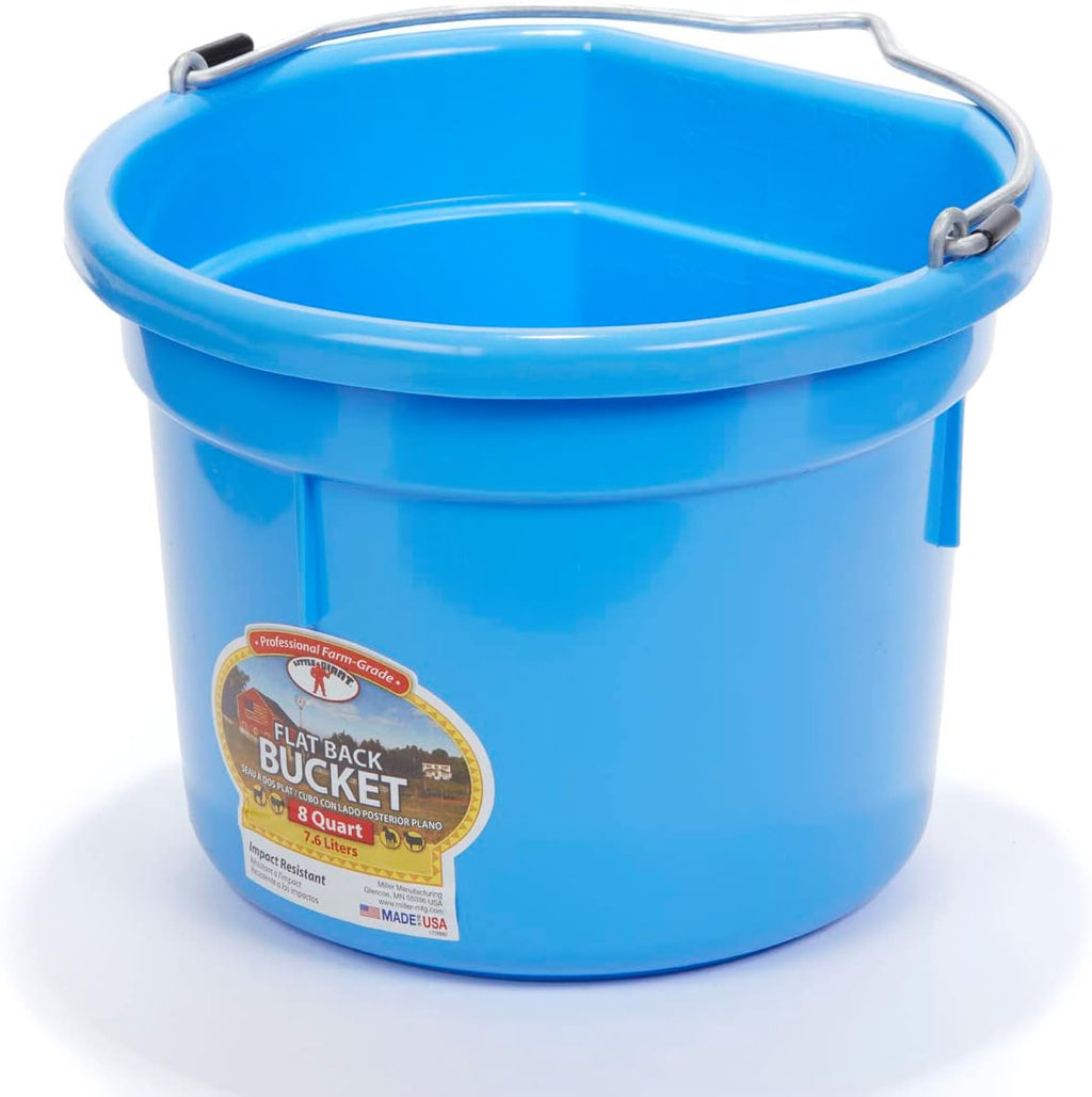 Flat Back Plastic Animal Feed Bucket | Animal Feed Bucket with Metal Handle | Horse Stall Feeding and Watering