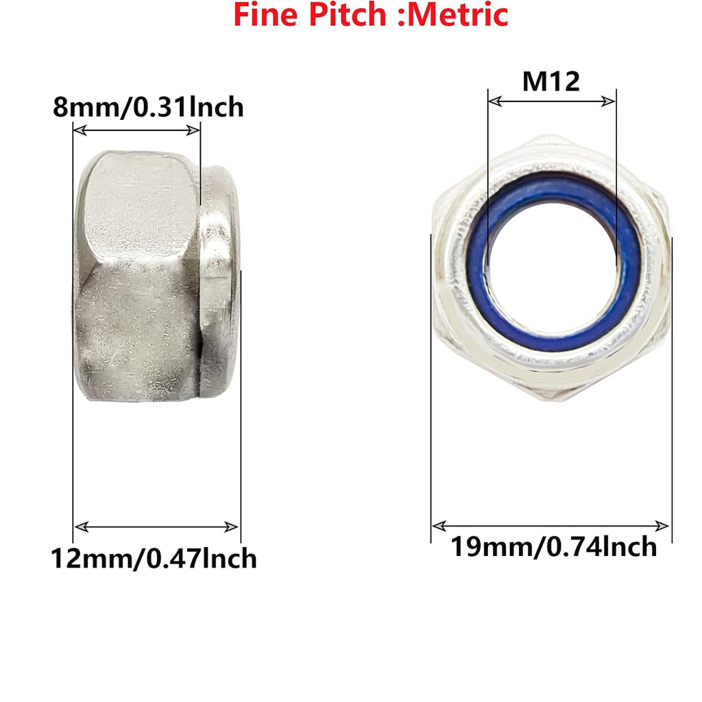 5 Pcs M12 x 1.25mm Metric Fine Thread Nylon Insert Lock Nuts, 304 Stainless Steel Non-Slip Self-Locking Nut