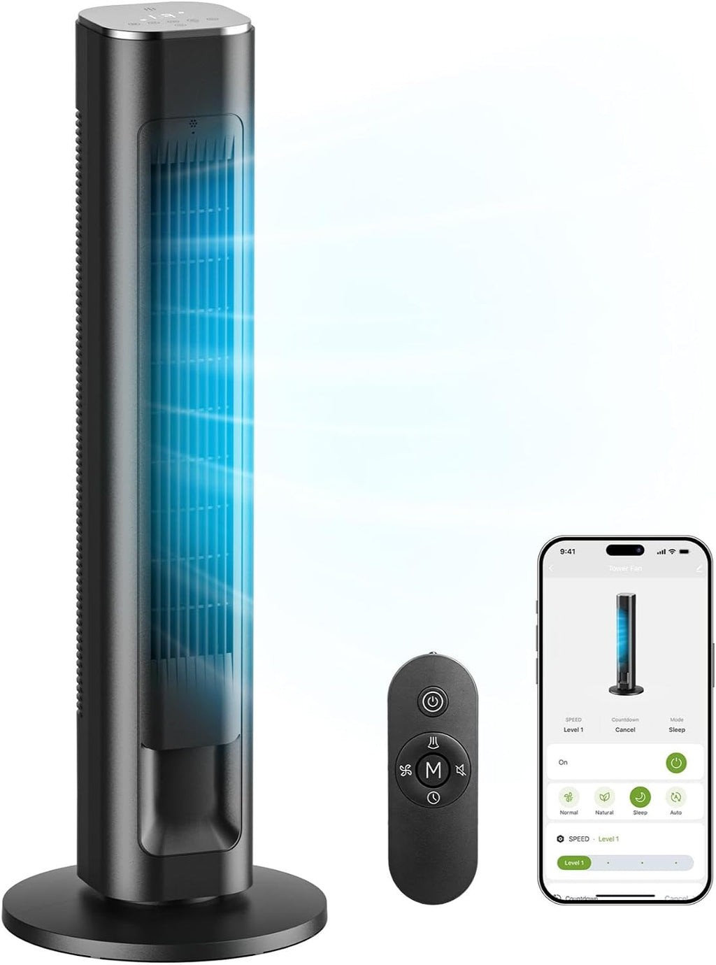 Smart Tower Fan, WiFi, 25dB Quiet, 25ft/s, 4 Modes 4 Speeds, Black | 36" WiFi Standing Fan for Bedroom with Remote