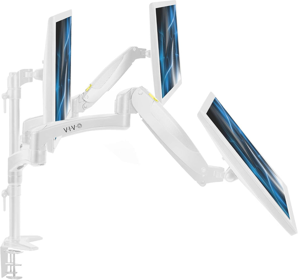 17 to 32 inch Triple Pneumatic Monitor Mount, 2 Pneumatic Arms, 1 Fixed, Adjustable Swivel, Rotation, Heavy Duty VESA