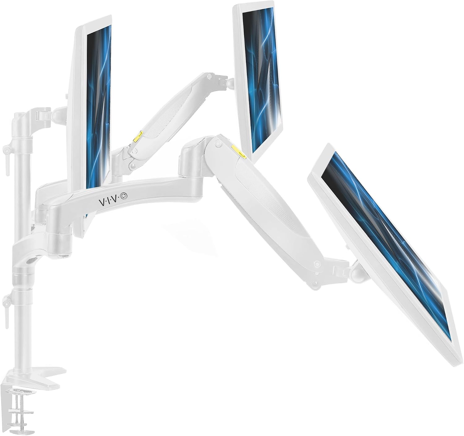 17 to 32 inch Triple Pneumatic Monitor Mount, 2 Pneumatic Arms, 1 Fixed, Adjustable Swivel, Rotation, Heavy Duty VESA