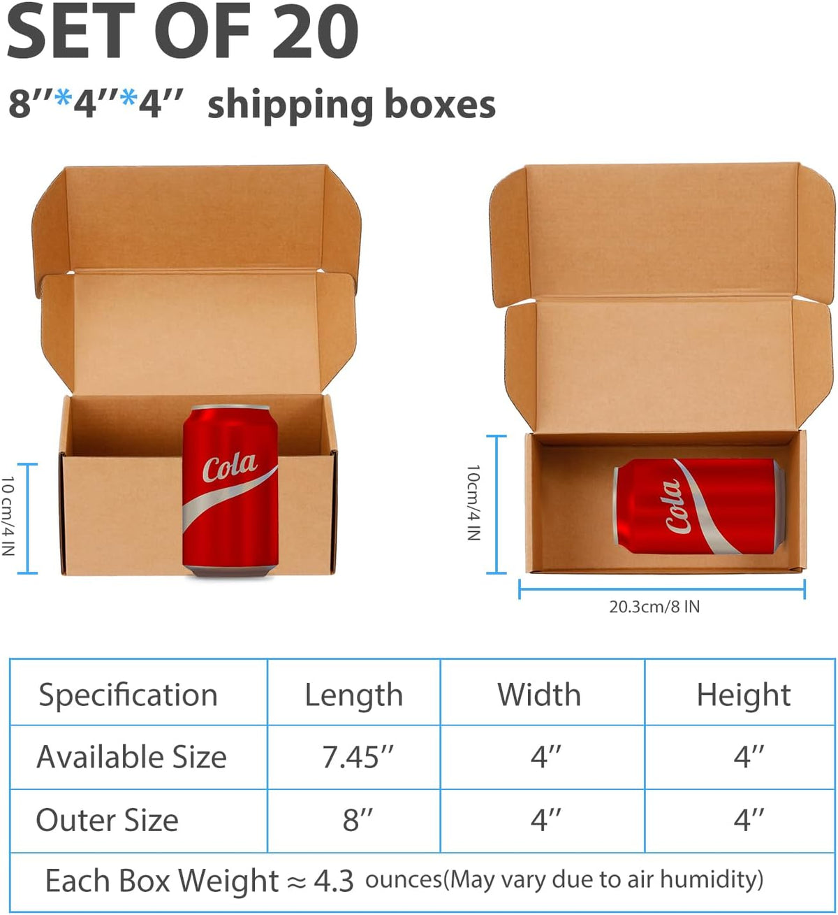 Kraft Brown Shipping Boxes 8x4x4 Inches, 20 Pack