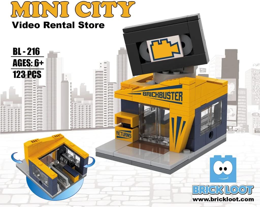 Mini City Video Rental Store Building Set, 123-Piece Retro Brick