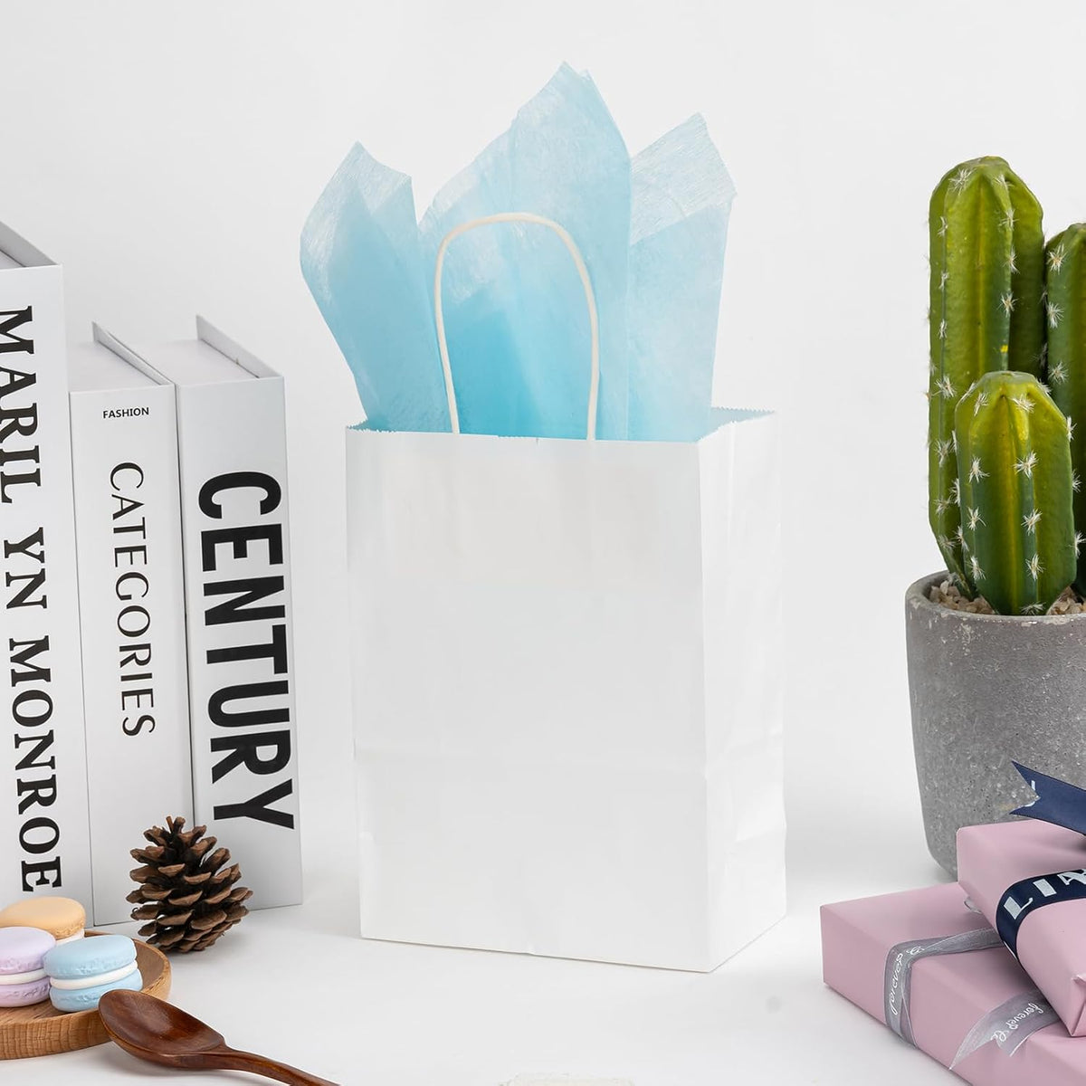 Small White Gift Paper Bags 50 Pack 5.8x3.2x8.25 in with Handles