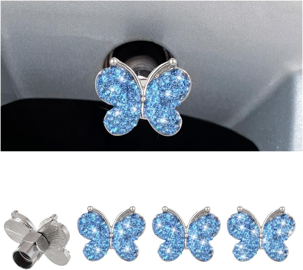 4PCS Bling Butterfly Rhinestone Tire Valve Stem Caps, Light Blue