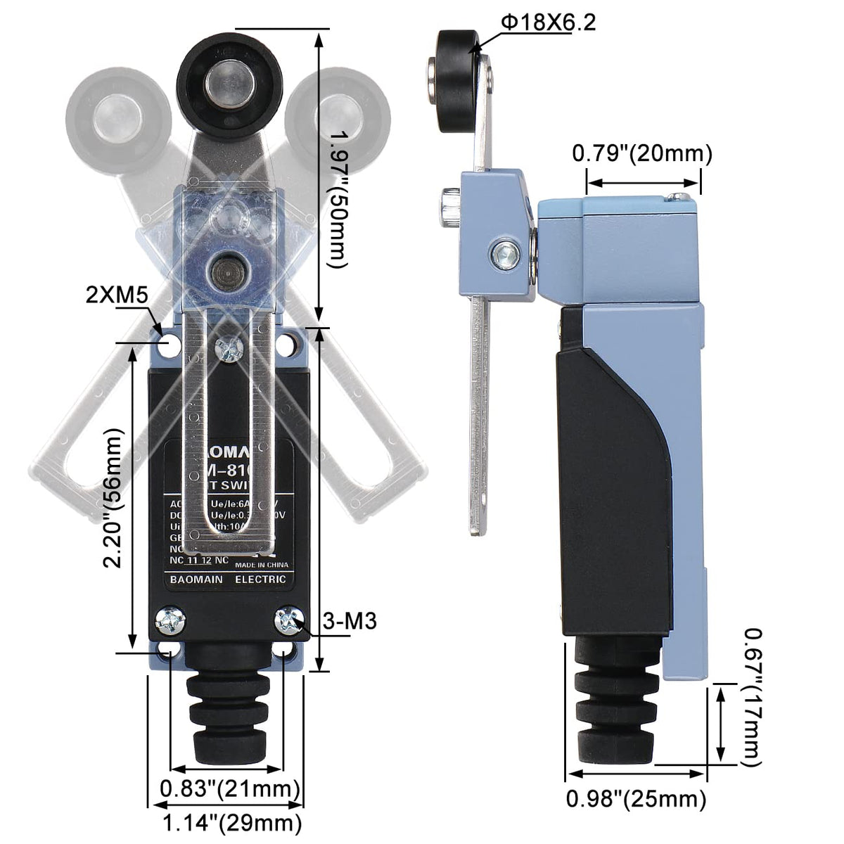 BAOMAIN BM-8108 Limit Switch Adjustable Rotary Roller Lever Momentary