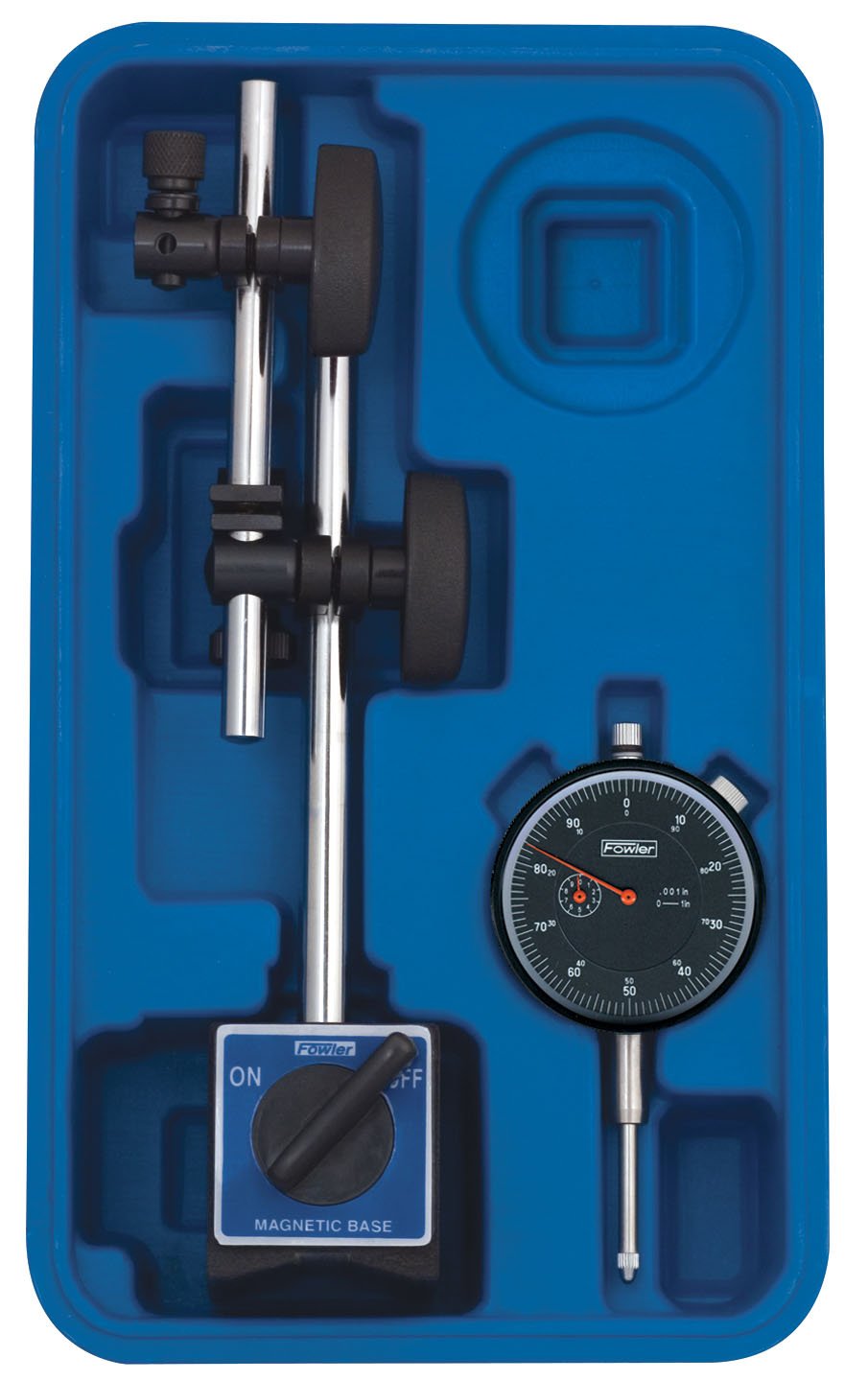 Fowler 52-215-006-1, Outside Micrometer Set with 0–6" Measuring Range & 52-520-199-0, Magnetic Base and Black Dial Indicator Set