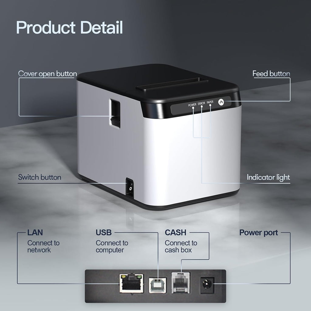 80mm Receipt Printer ESC/POS Thermal Printer Desktop Direct Print USB+LAN Connection High Efficiency with Auto Cutter