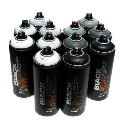 400ml Set of 12 Graffiti Street Art Mural Spray Paint (Grey Scale)