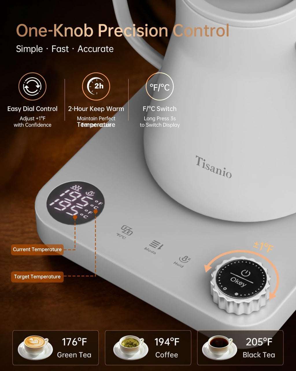 Gooseneck Electric Kettle with Temperature Control, 0.9L, White Wood | ±1°F Precision Pour Over Kettle, LCD Dual