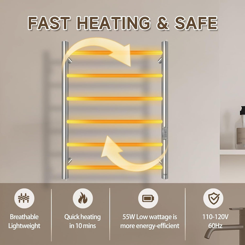 6 Bar Towel Warmer for Bathroom, Wall Mounted Heated Towel Rack, Nickel | Built-in 2/4H Timer, IPX4 Waterproof