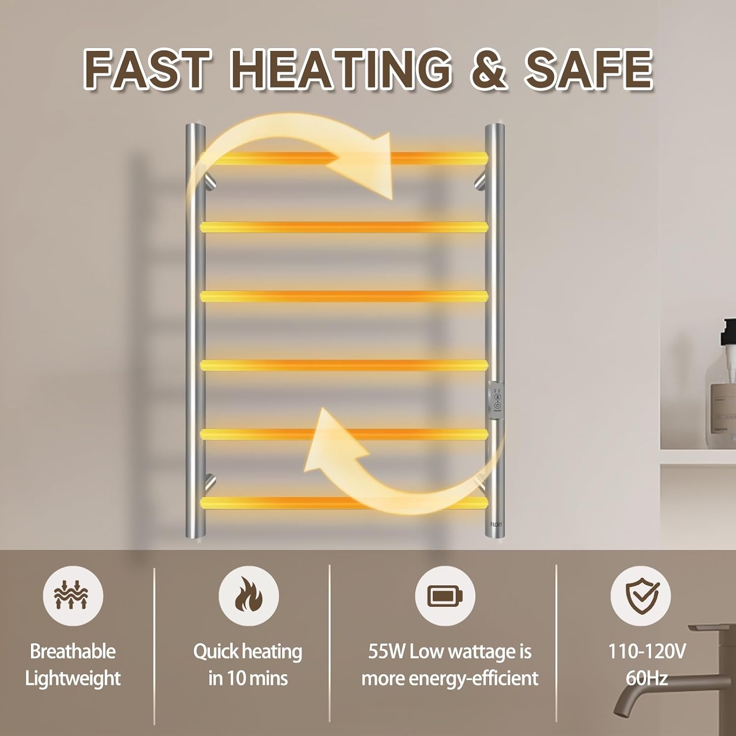 6 Bar Towel Warmer for Bathroom, Wall Mounted Heated Towel Rack, Nickel | Built-in 2/4H Timer, IPX4 Waterproof