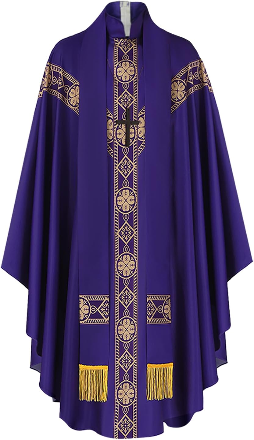 Church Catholic Priest Chasubles Vestments, Robe Chasuble Mass Round Collar Robe with Stole Men