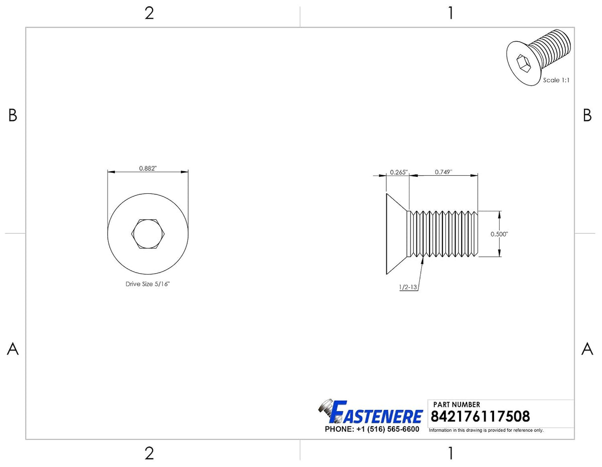 1/2-13 x 1 Flat Head Socket Cap Screws, Allen Socket Drive, Stainless Steel 18-8, Full Thread, Bright Finish, Machine Thread, Quantity 50 By Fastenere