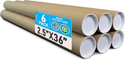 2.5 x 36 Inch Kraft Mailing Tubes with End Cap - 6 Pack