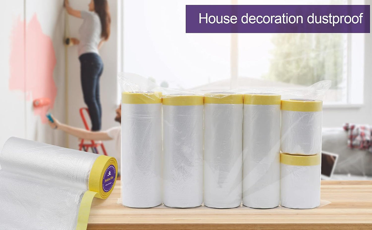 6Rolls Pre-Taped Masking Film, Tape and Drape for Automotive Painting Covering, 3 Multi Size x 66Feet/ Roll