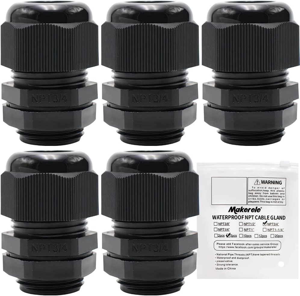 MAKERELE 3/4” 5pcs NPT Cable Glands Waterproof Adjustable 13-18mm
