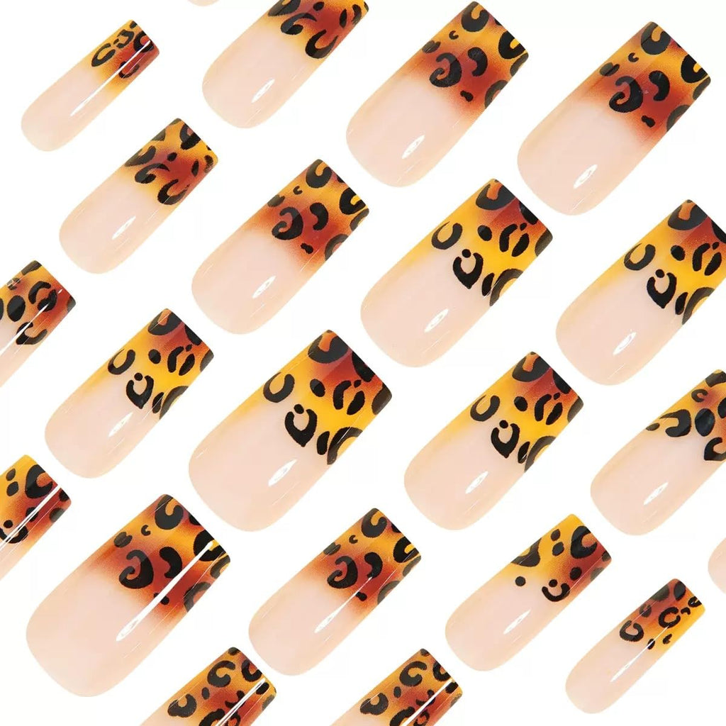 Medium Press on Coffin Nails - Brown Fake Nails with Leopard Print Design - Ombre, Winter False Nails Press ons