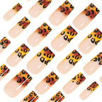 Medium Press on Coffin Nails - Brown Fake Nails with Leopard Print Design - Ombre, Winter False Nails Press ons
