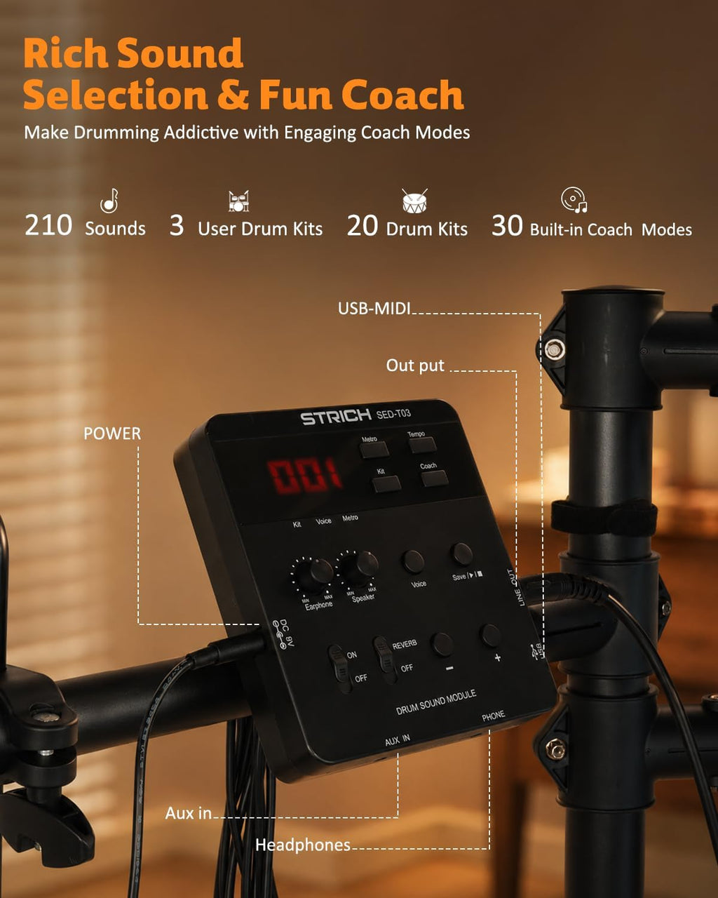 Electric Drum Set with Mesh Heads, LED Light-Up Drum Pads, USB MIDI, Quiet Foldable Electronic Drum Kit with