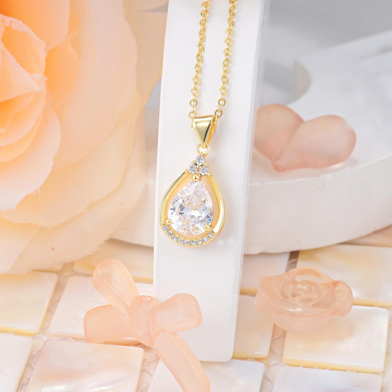 Sterling Silver Teardrop Drop Pendant Necklace for Women Hypoallergenic Cubic Zirconia Adjustable Charm Water Drop