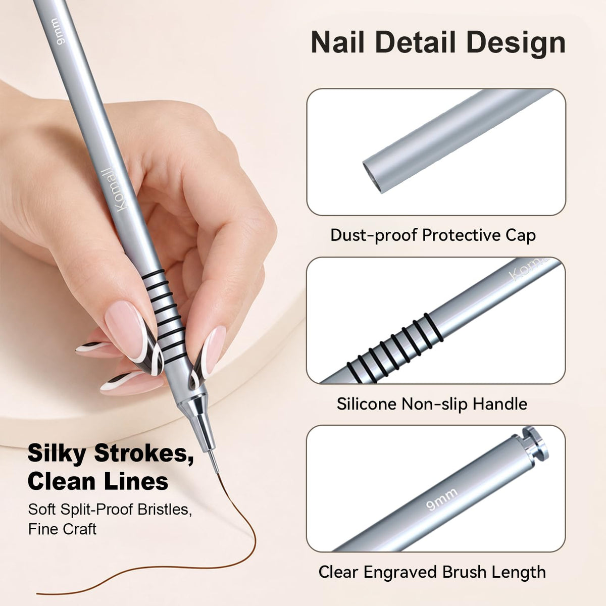 Metallic Nail Art Brushes, 6Pcs Non-slip Liner Brushes Set, Silver
