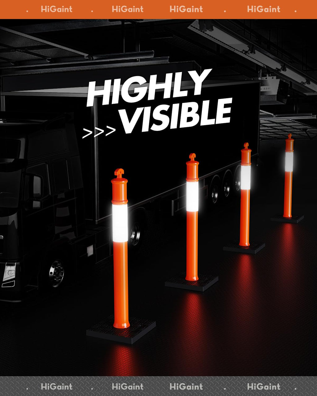 3 Pack 45" Traffic Delineator Posts, Parking Cones, Orange | Detachable Base for Storage; Reflective Strips Aid