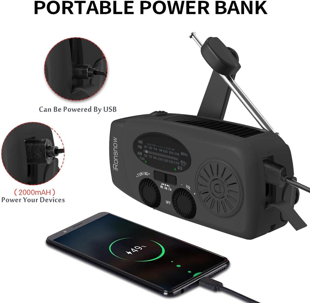 Solar Emergency Hand Crank Weather Radio, 2000mAh NOAA AM/FM | Portable Self Powered Radios with SOS Alarm LED