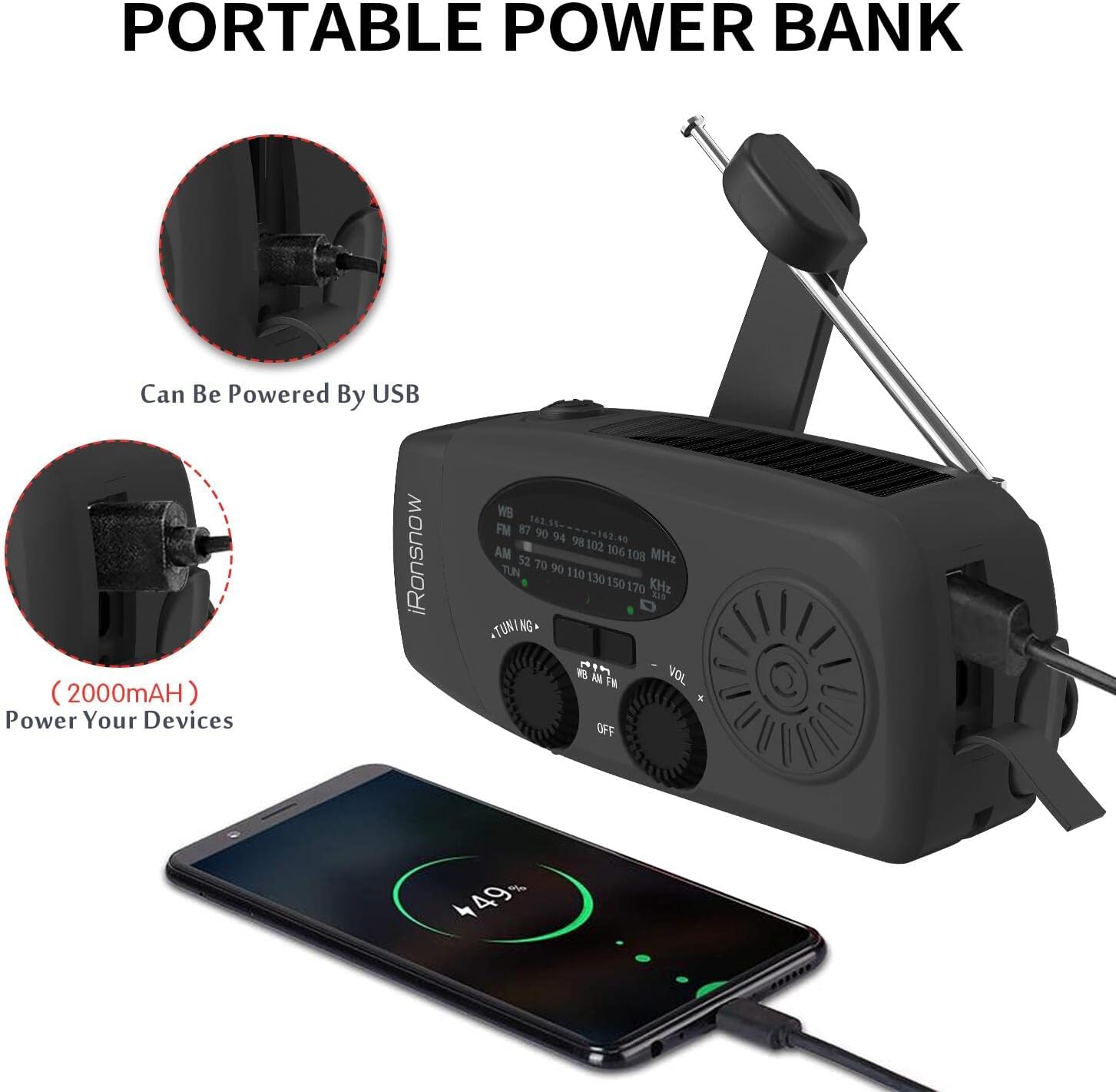Solar Emergency Hand Crank Weather Radio, 2000mAh NOAA AM/FM | Portable Self Powered Radios with SOS Alarm LED