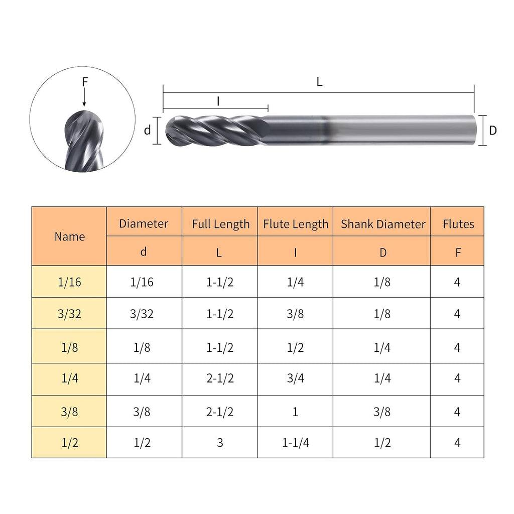 1/8" 4-Flute Ball Nose End Mill, AlTiN Coated Carbide 1Pcs