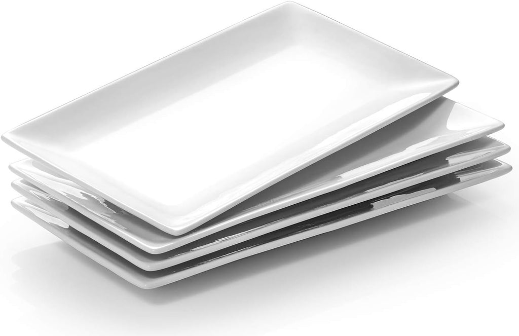 12" Rectangle Plates Set of 4 - White Serving Platters for Party, Wedding, and Entertaining - Rectangular Serving