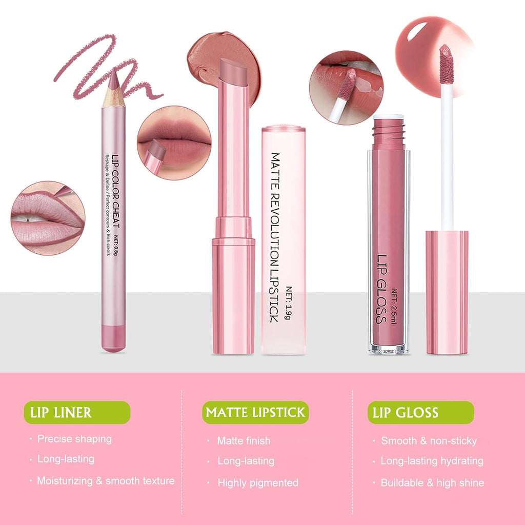 Nude Pink Lip Kit - Matte Lipstick Cream Lip Liner and Gloss Set High Pigment Plumping Lip Pencil Moisturizing