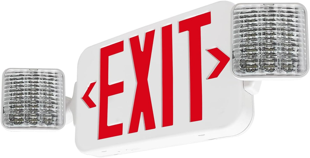 LFI Lights Standard COMBO UL 924 Listed, Exit Sign with Emergency Lights, Red LED, White, 120/277VAC Hardwired with Battery Backup, Optional Double Face and Knock Out Arrows, COMBO2RWBB