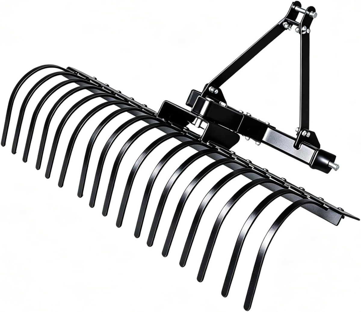 3 Point Hitch Landscape Rake, 49" Adjustable Spring Steel Tractor Attachment for CAT-0 CAT-1 Tractors, Arena Grading