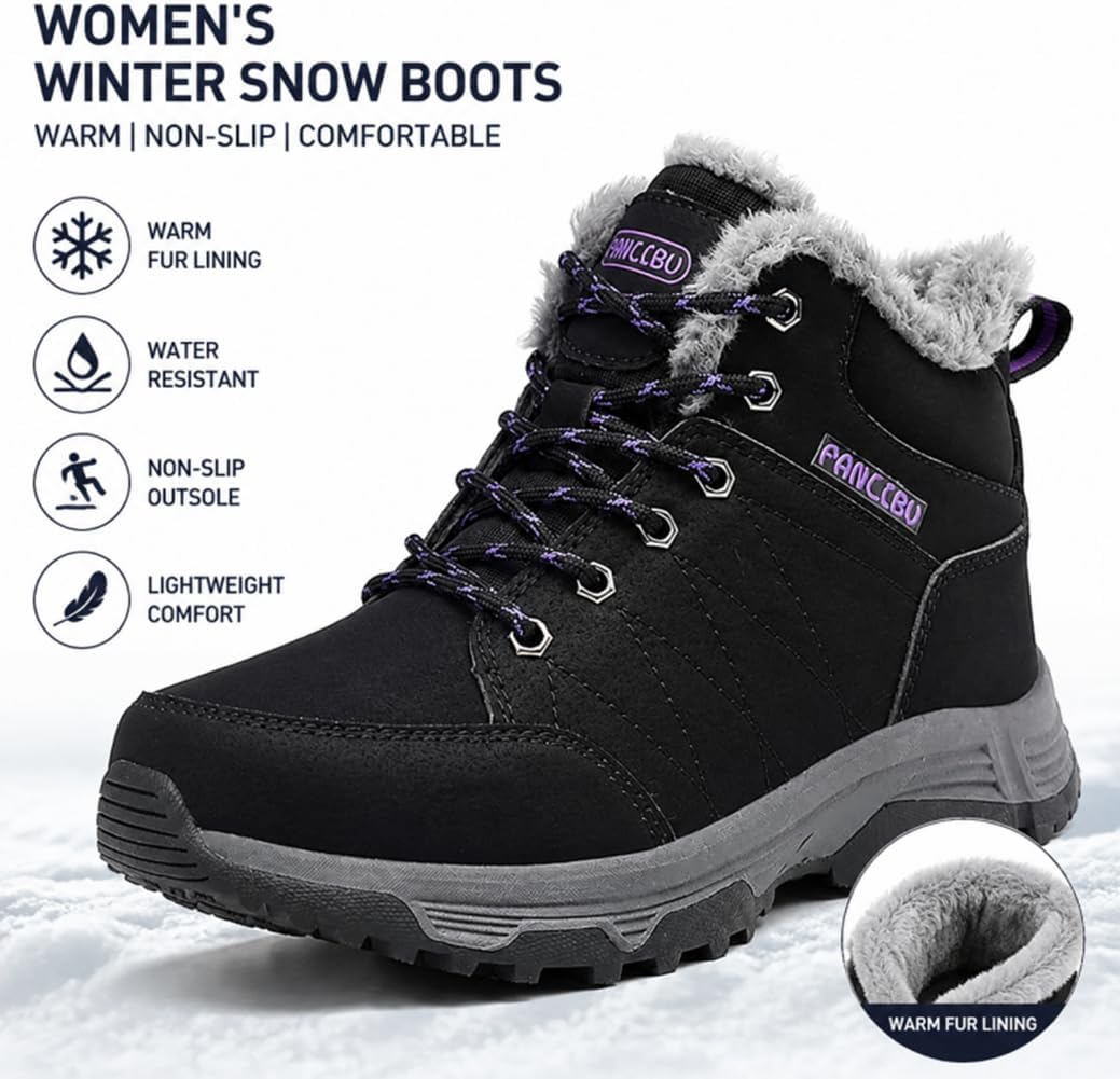 Womens Winter Sport Waterproof Boots Snow Boots Fur Lined Warm Ankle Boots Slip On Stylish Fuzzy Hiking Women Booties
