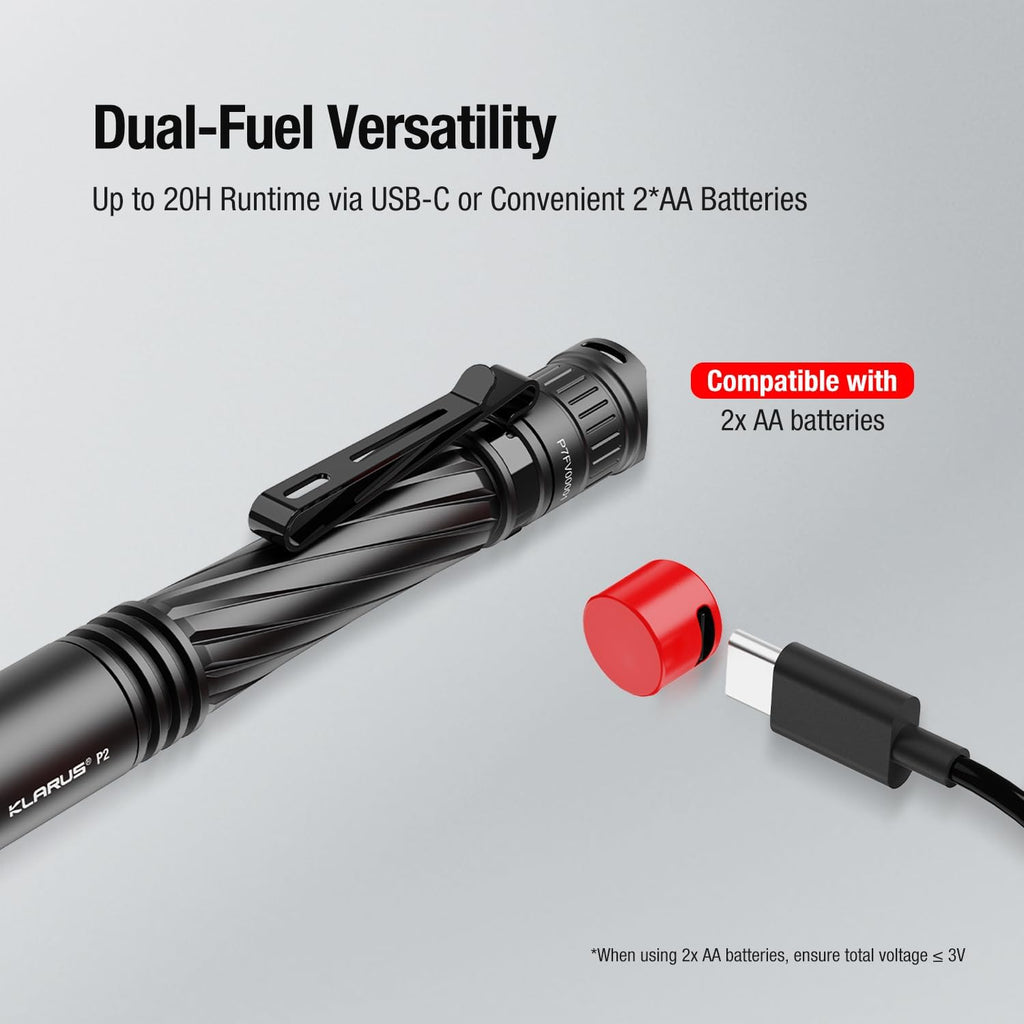 P2 Tactical Pen Light, 1000 Lumens 886ft Throw, USB-C Rechargeable or 2AA Compatible, IPX8 Waterproof Small EDC