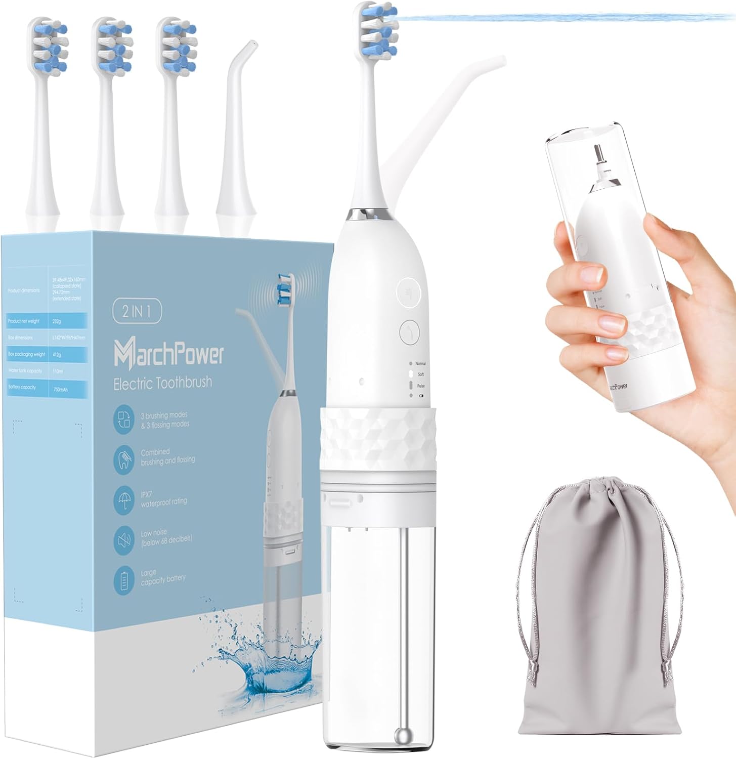 Upgraded 2-in-1 Electric Toothbrush with Water Flosser, 3+4 Smart Modes，Portable Oral Irrigator with Point-Jet