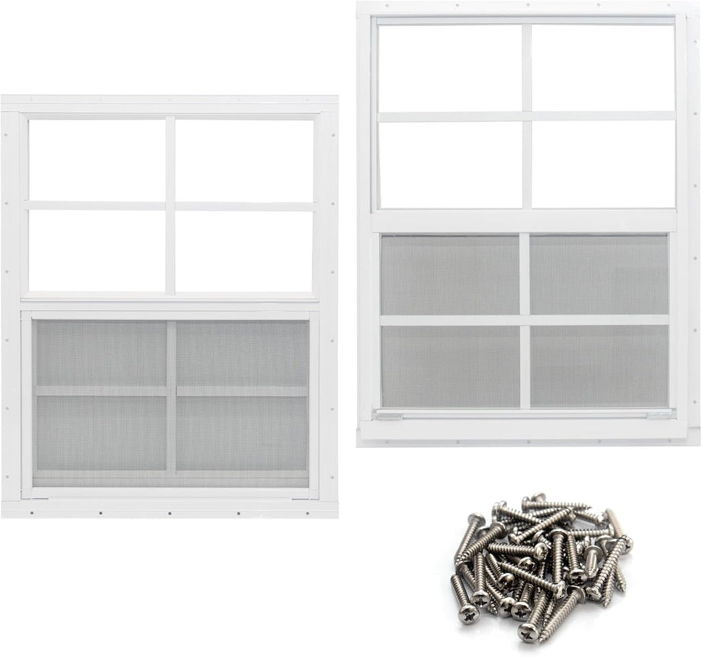 2 Pack Shed Window, 18" x 23" Flush Mount Window with Tempered Glass and Fiberglass Screen for Shed, Chicken Coop