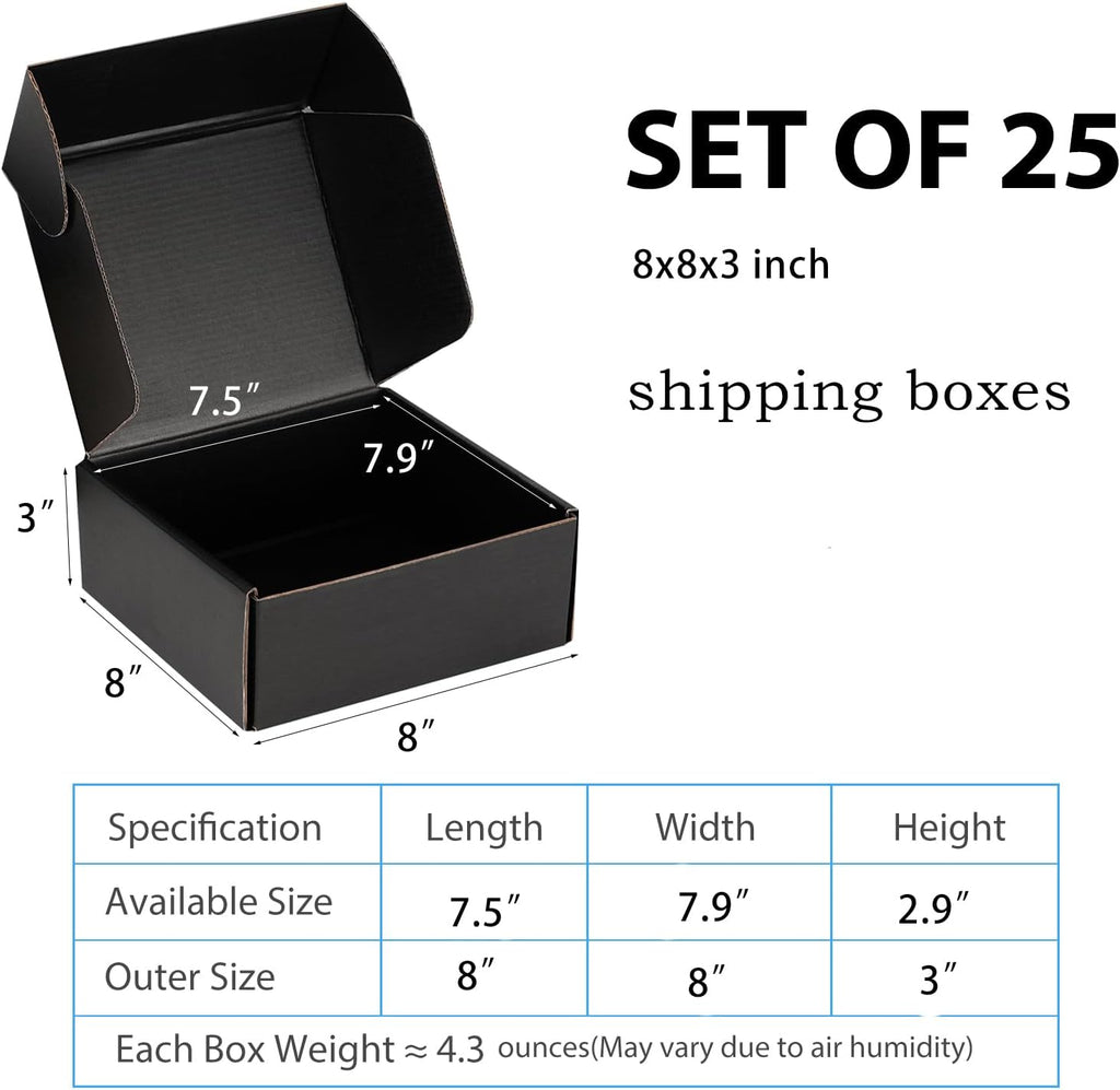 8x8x3 Black Shipping Boxes for Small Business, Packing, 25 Pack