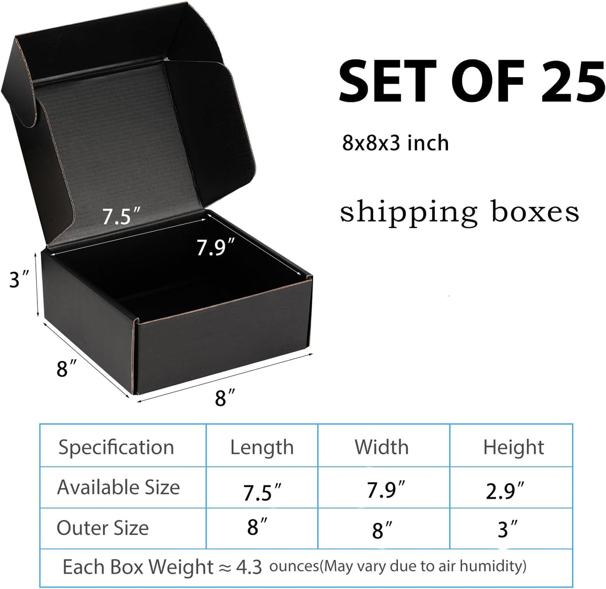 8x8x3 Black Shipping Boxes for Small Business, Packing, 25 Pack