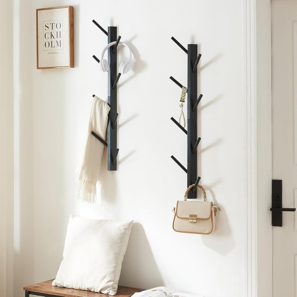 2 Pack Coat Rack Vertical Wall Mount, Bamboo Coats Hooks Clothes Holder Hanger for Wall Coat Hat Jacket Clothing