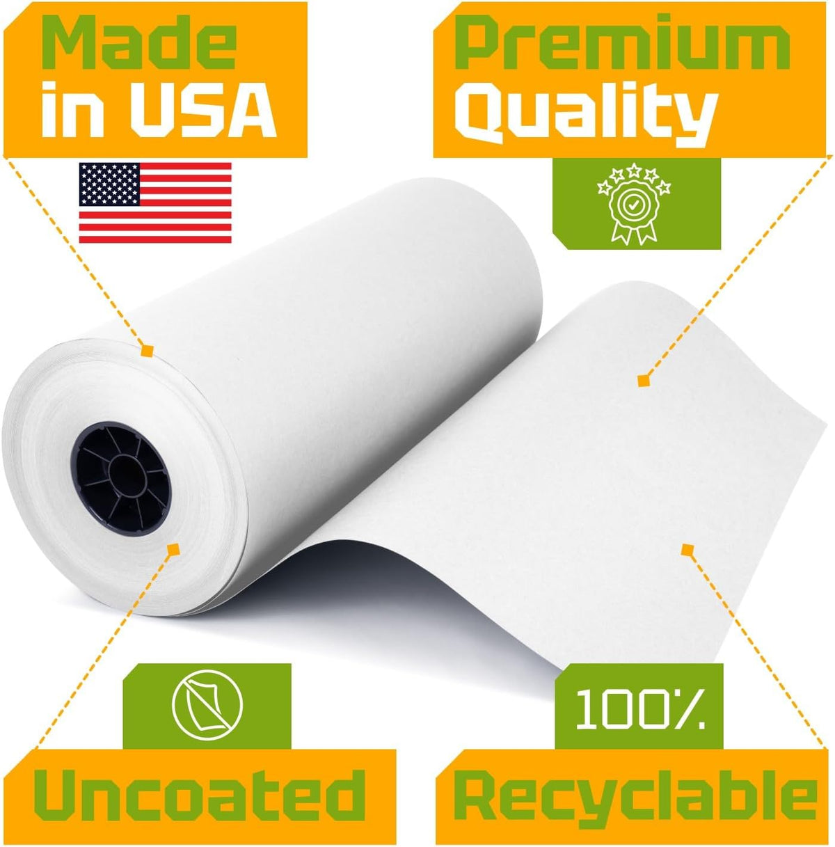 USA Made 18" x 8640" (720 ft) White Kraft Paper Roll, Large Size