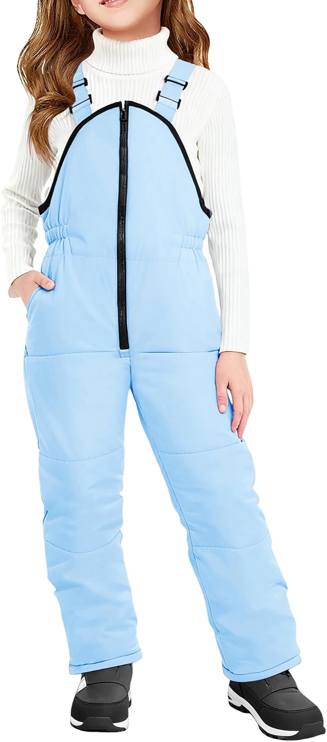 Girls Snow Bibs Kids Fleece Lined Waterproof Ski Pants Overalls with Pockets 4-12 Years