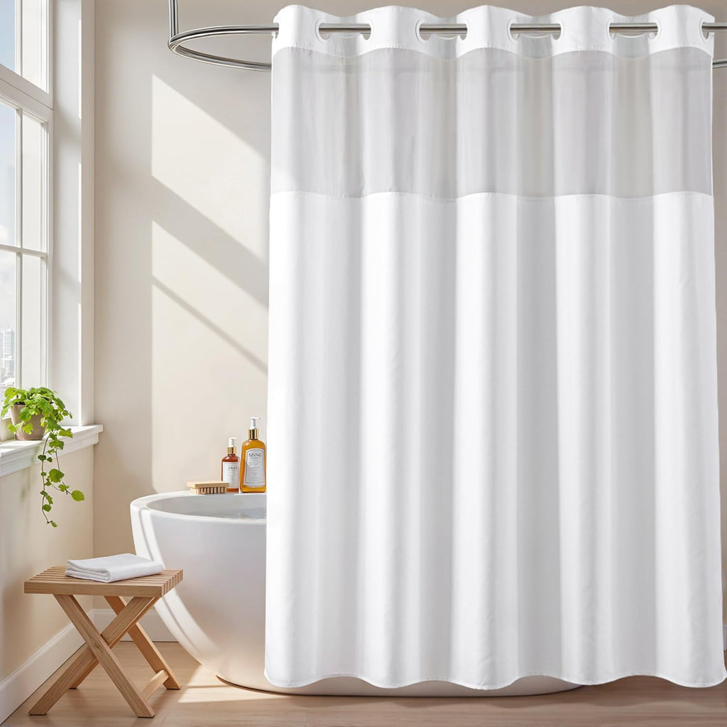 White No Hook Fabric Shower Curtain or Liner with Sheer Window | No Liner Included or Needed, One-Piece Design