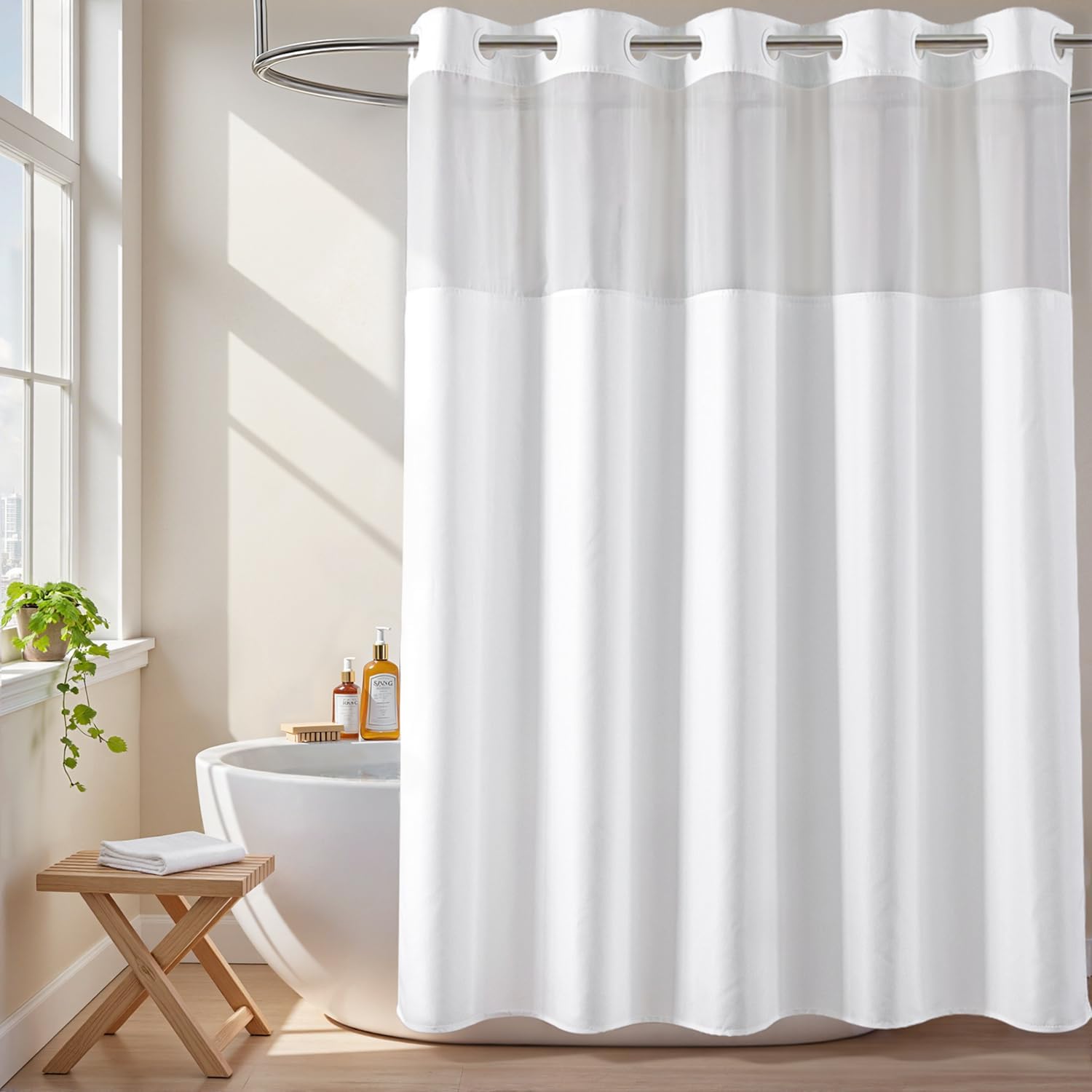 White No Hook Fabric Shower Curtain or Liner with Sheer Window | No Liner Included or Needed, One-Piece Design