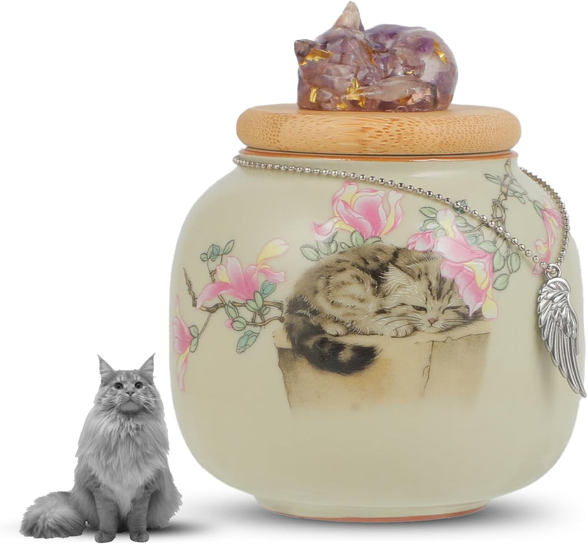 Cat Urn for Ashes Ceramic, Small Pet Urn with Crystal Cat Sculpture Trim